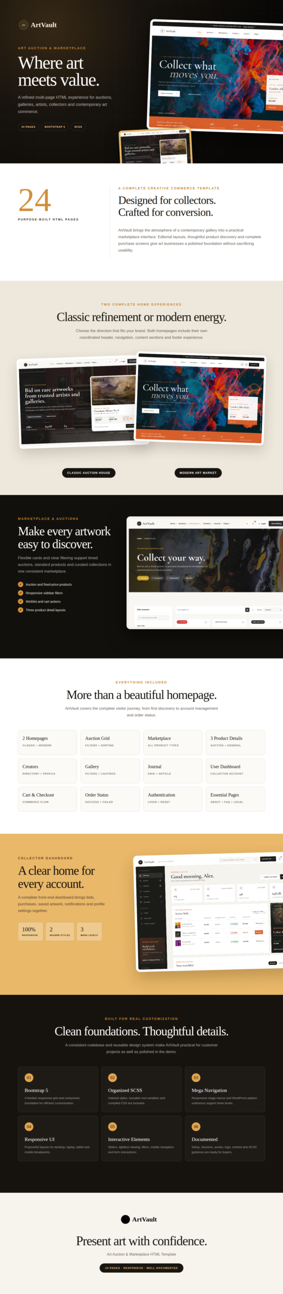 ArtVault art auction and marketplace HTML template overview